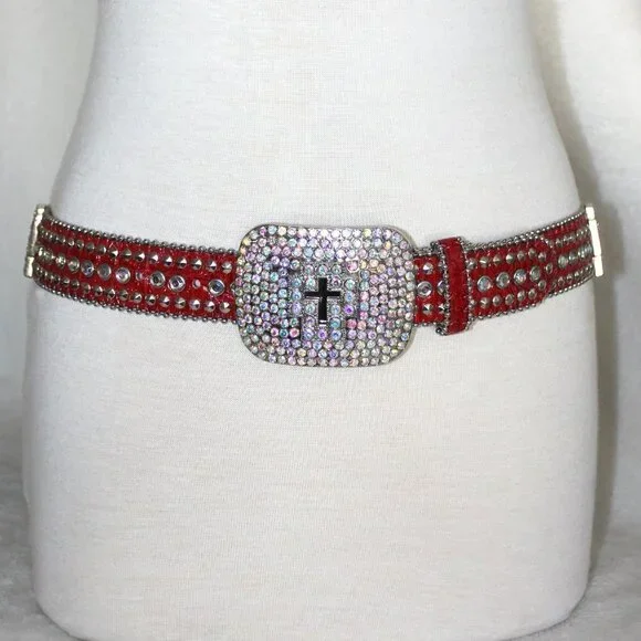 Western Black Bling Cross Belt & Buckle Aurora Borealis AB Crystal Accent ML BB Simon Veronica Belt Aurora Borealis Crystal Black Rapper  main image 2